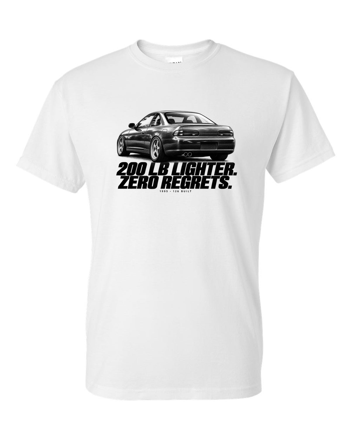BMW E36 M3 Lightweight 1995 halftone print with 200 lb lighter and 126 built text white t-shirt front view with the design