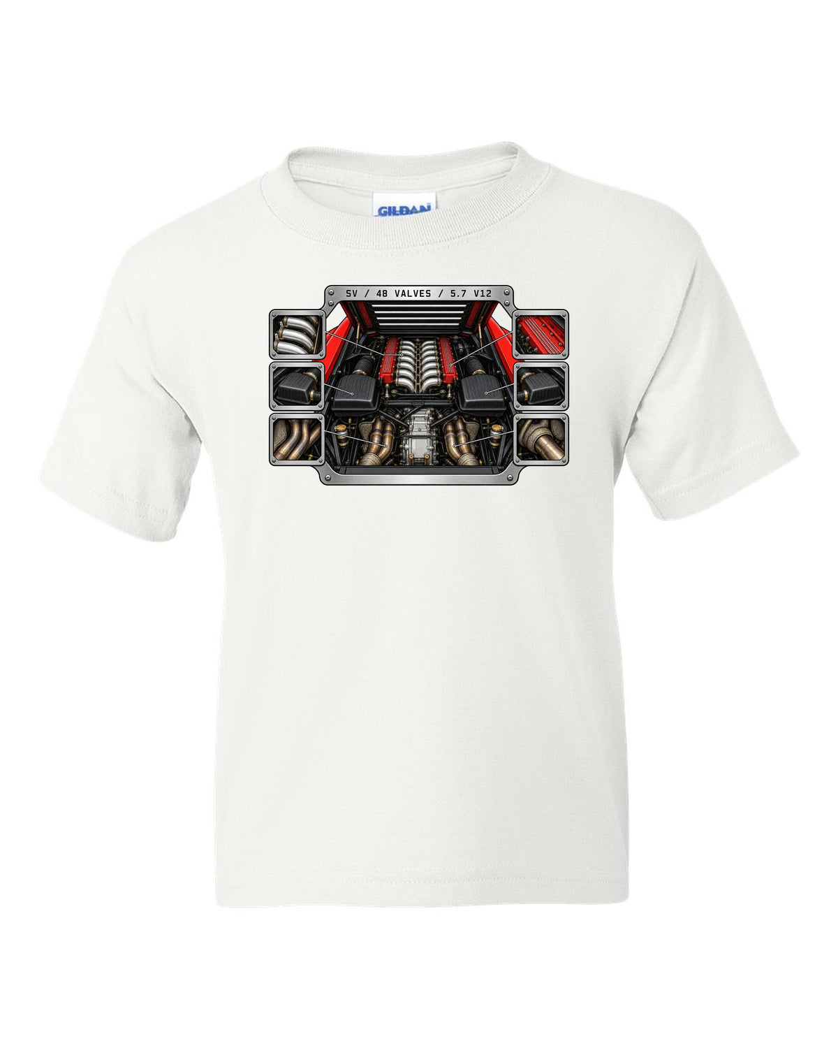 Spec-sheet data plate for a 1995 Lamborghini Diablo SV with 48 valves and 5.7 V12 white kids tee front view with the design