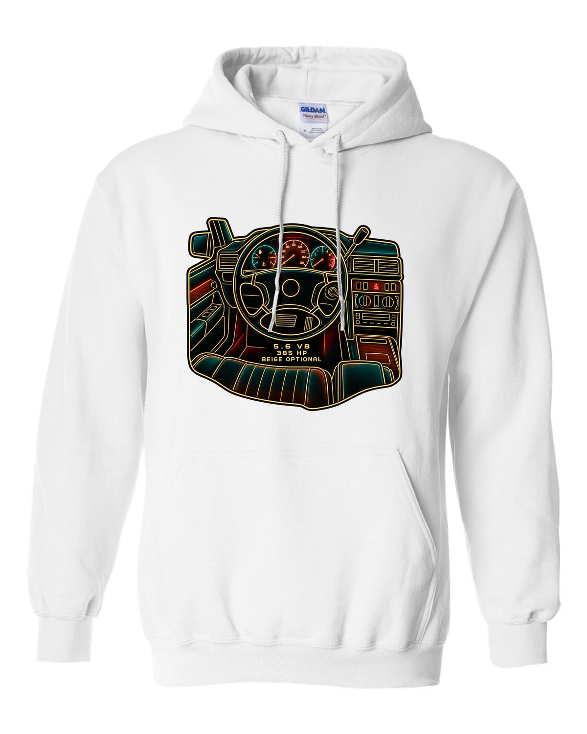 Minimal single-line drawing of a Mercedes 300E Hammer W124 with 5.6 V8 and 385 HP text white pull over hoodie front view with the design
