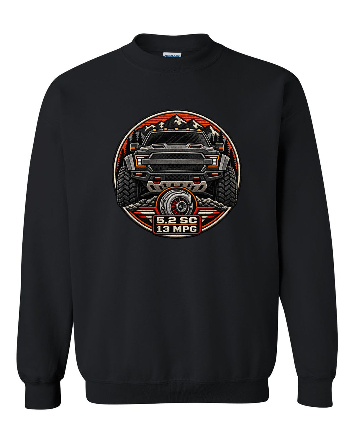 Varsity badge crest print of the Ford F-150 Raptor R P702 with 5.2 SC and 13 MPG text black crewneck front view with the design