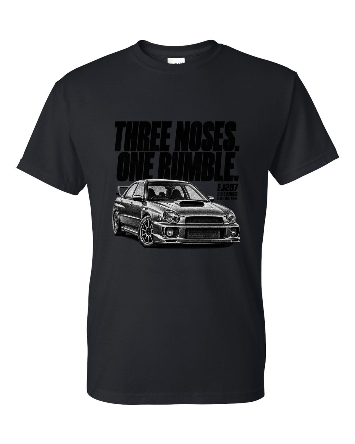Halftone print of a Subaru Impreza WRX STi GDB with Blob Bug Hawk lettering black t-shirt front view with the design