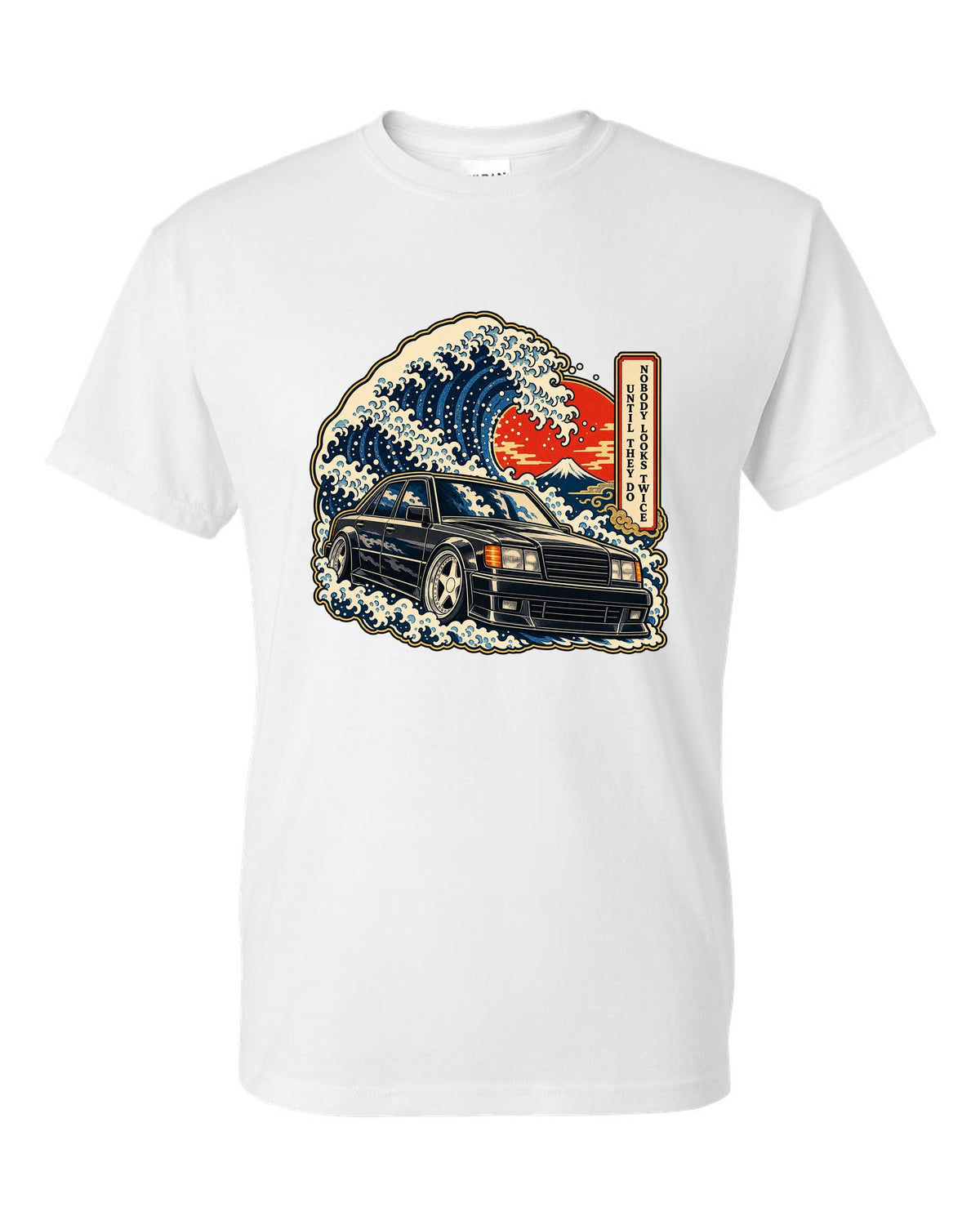 Ukiyo-e woodblock wave over a Mercedes 300E Hammer W124 with caption text white t-shirt front view with the design
