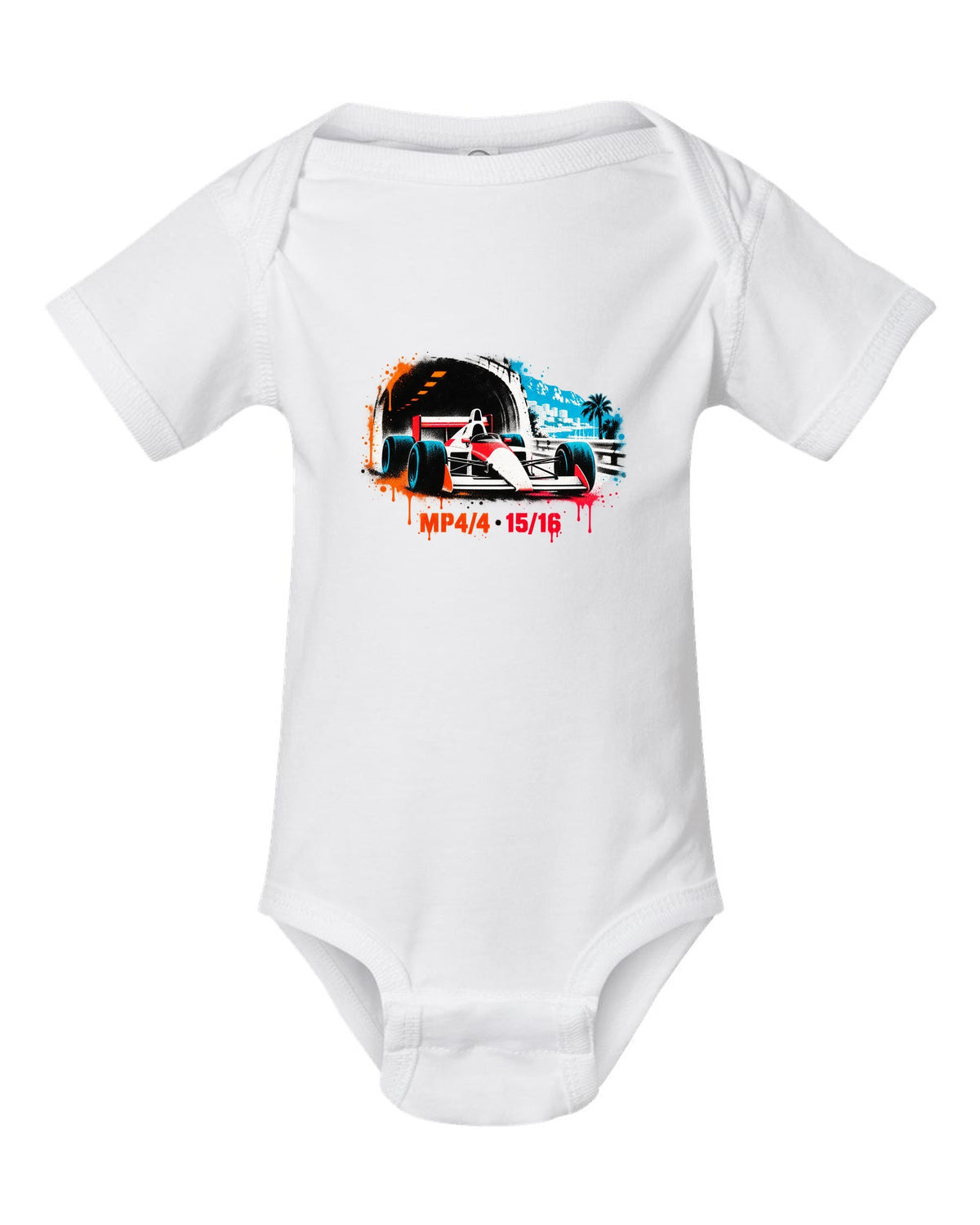 Stencil spray art of the McLaren MP4/4 Formula 1 car with 15/16 lettering white baby onesie front view with the design