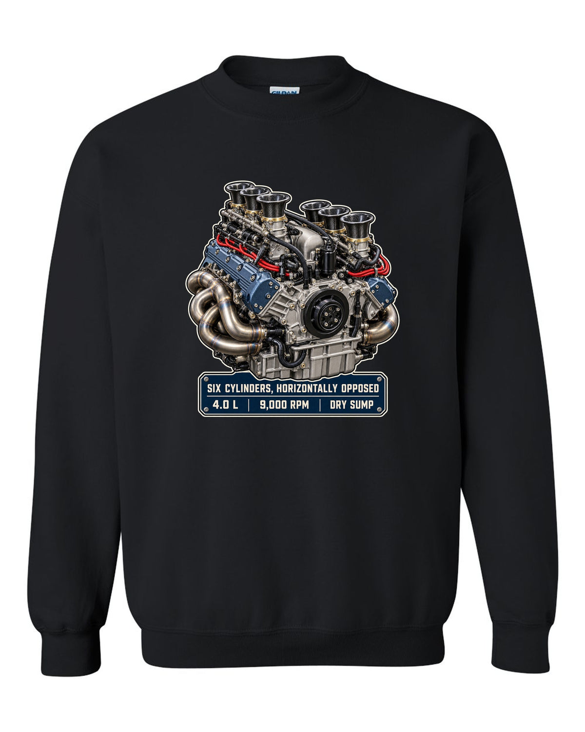 Porsche 992 GT3 RS 4.0 flat-six engine hero print design black crewneck front view with the design