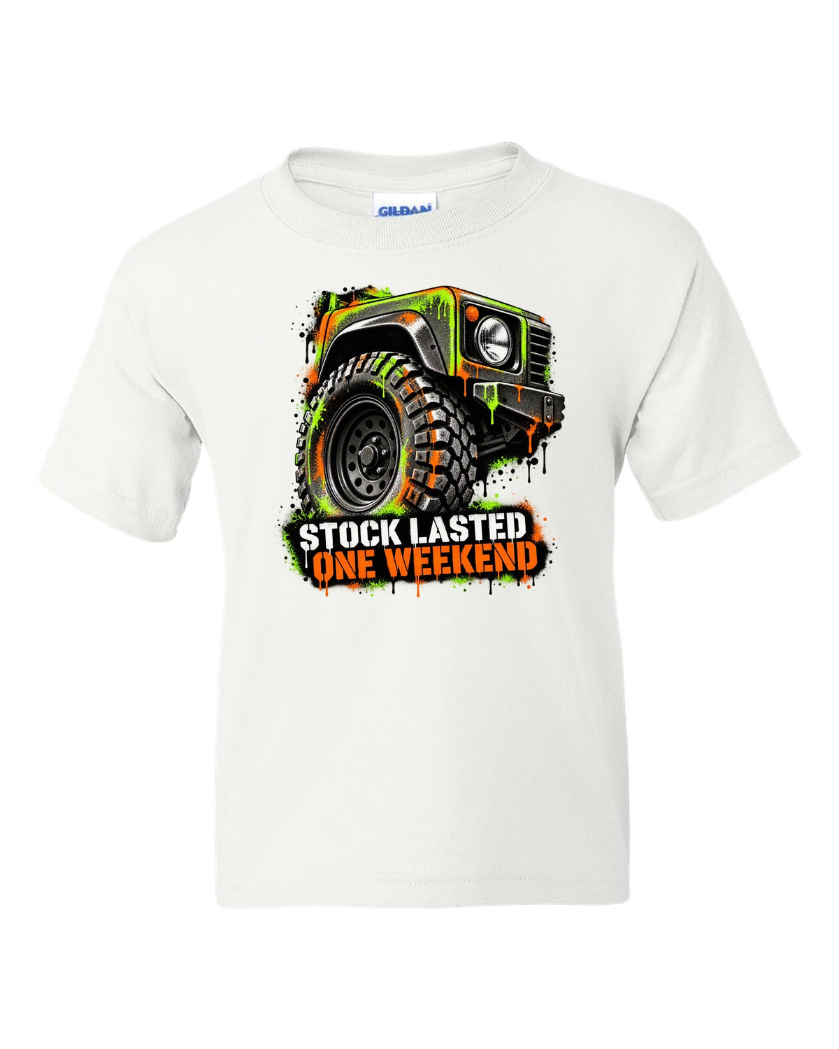 Jeep Wrangler TJ stencil spray street art design reading stock lasted one weekend white kids tee front view with the design