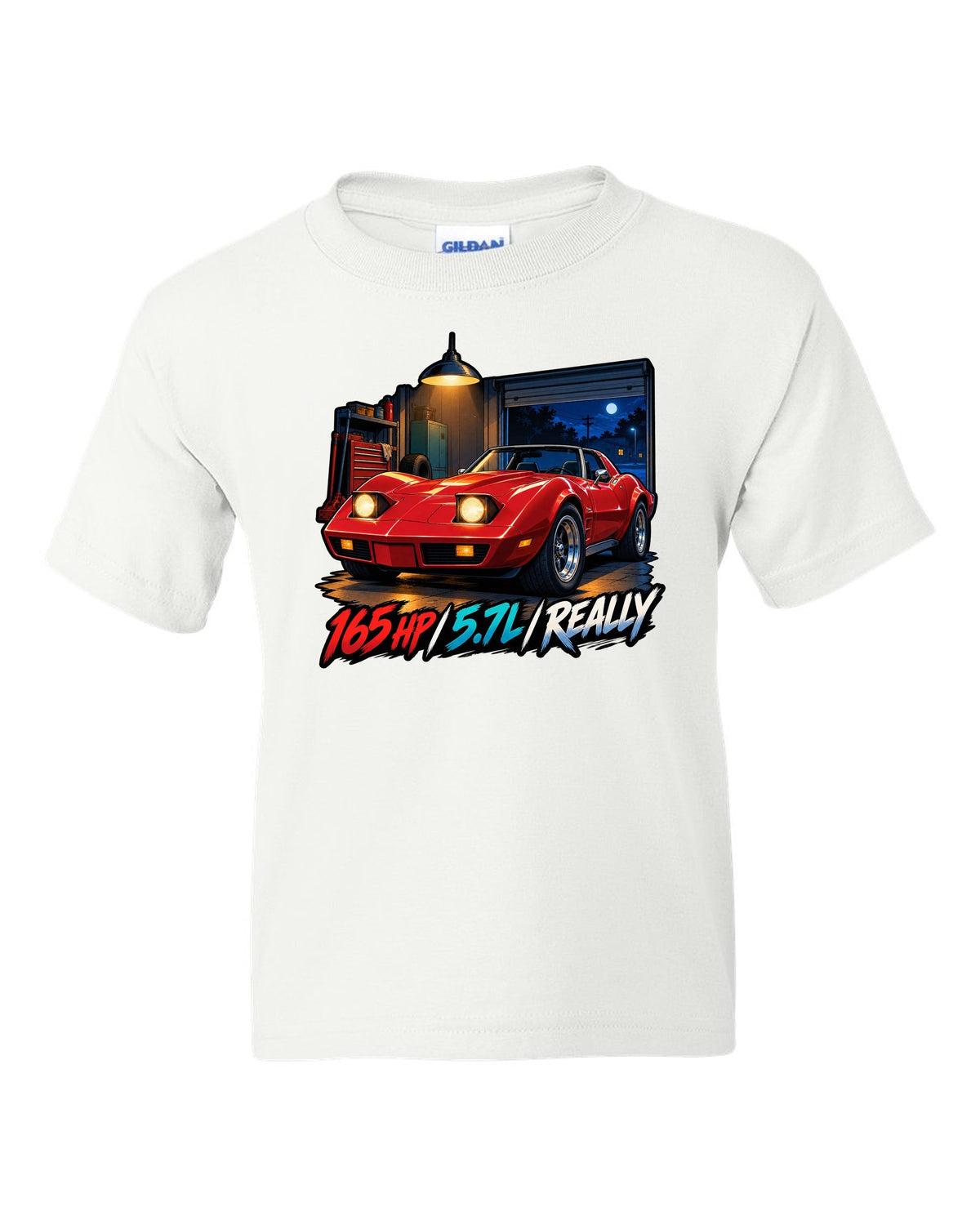 Cel-shaded anime night touge print of a 1975 Chevrolet Corvette C3 Stingray with 165 HP 5.7L lettering white kids tee front view with the design