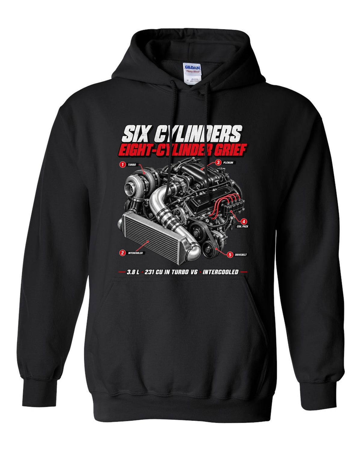 1987 Buick Grand National 3.8 turbo V6 engine callout print black pull over hoodie front view with the design