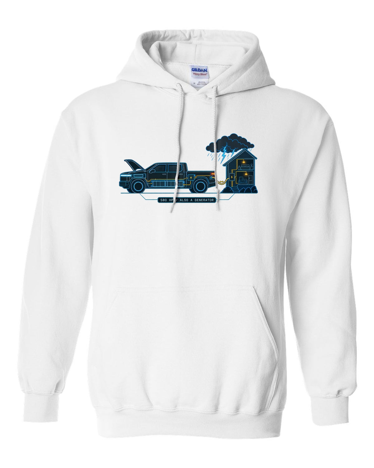 Ford F-150 Lightning electrical schematic diagram print with 580 HP and generator text white pull over hoodie front view with the design