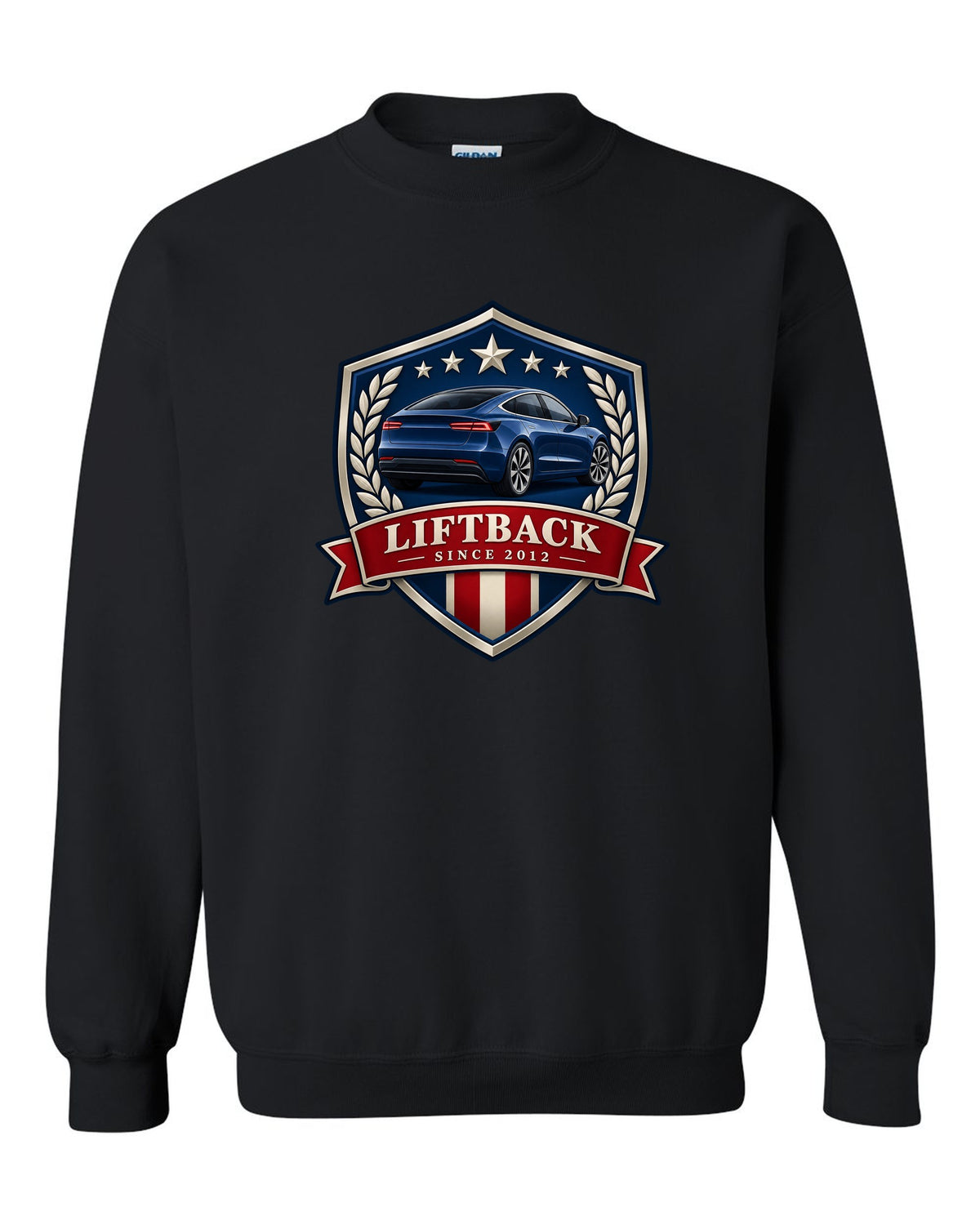 Original shield crest design of a 2021 Tesla Model S Plaid with the words Liftback Since 2012 black crewneck front view with the design