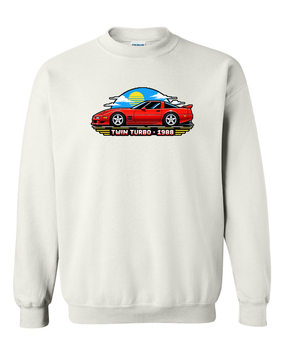 16-bit pixel art of a 1988 C4-based twin-turbo Corvette with pop-up headlights white crewneck front view with the design