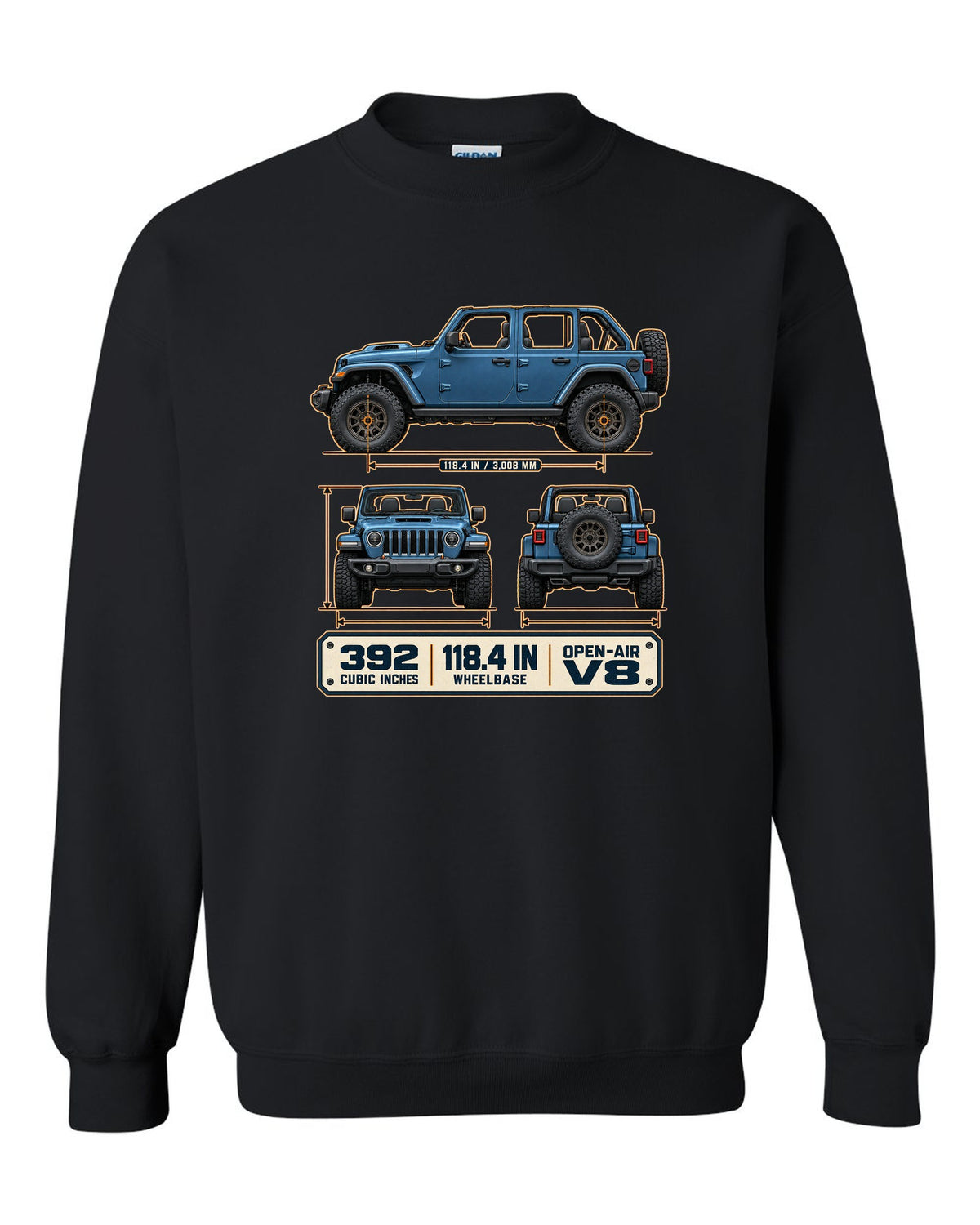 Dimension blueprint print of the Jeep Wrangler Rubicon 392 JL showing wheelbase and V8 black crewneck front view with the design