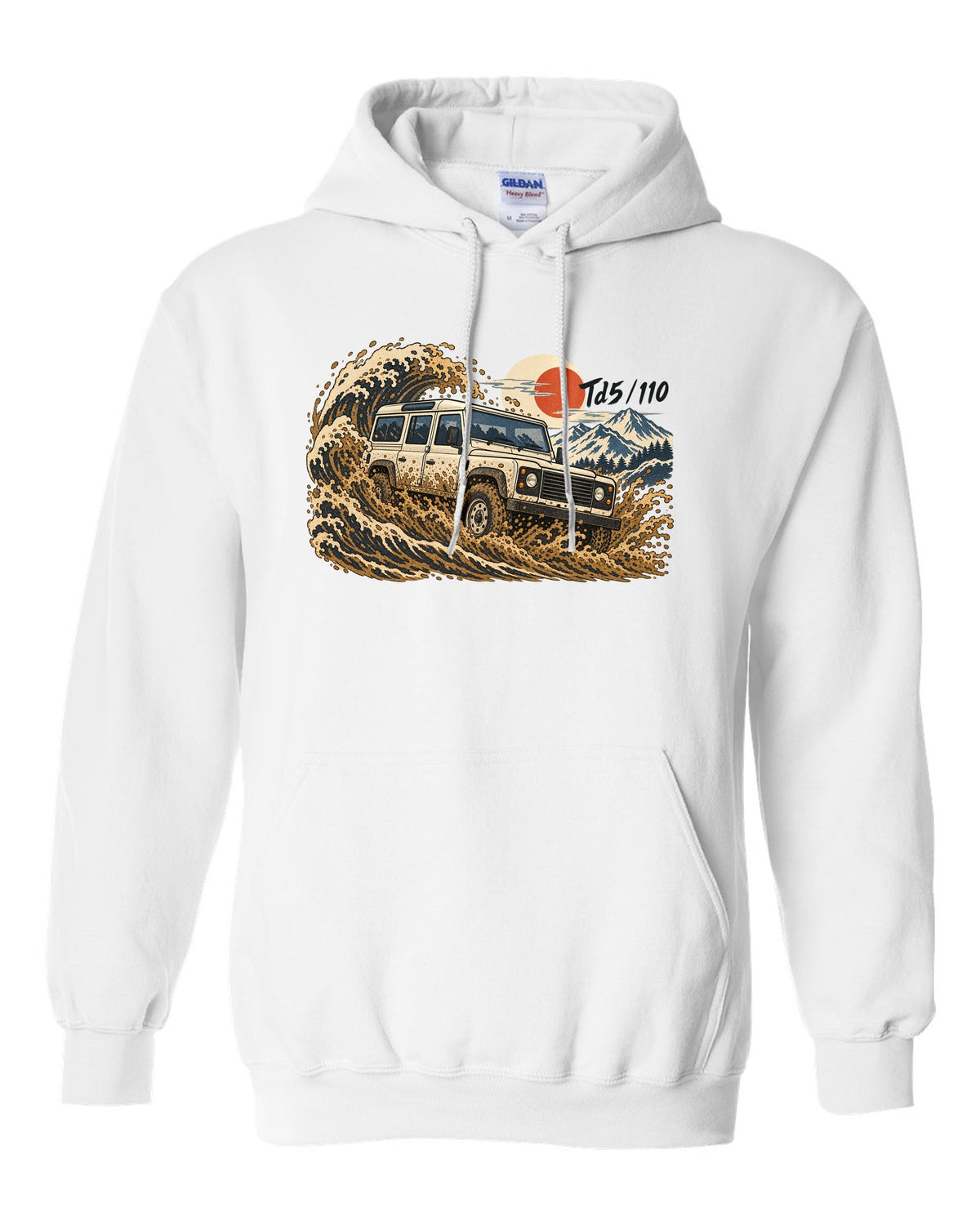 Ukiyo-e woodblock print of a Land Rover Defender 110 Td5 driving through a wave of mud white pull over hoodie front view with the design