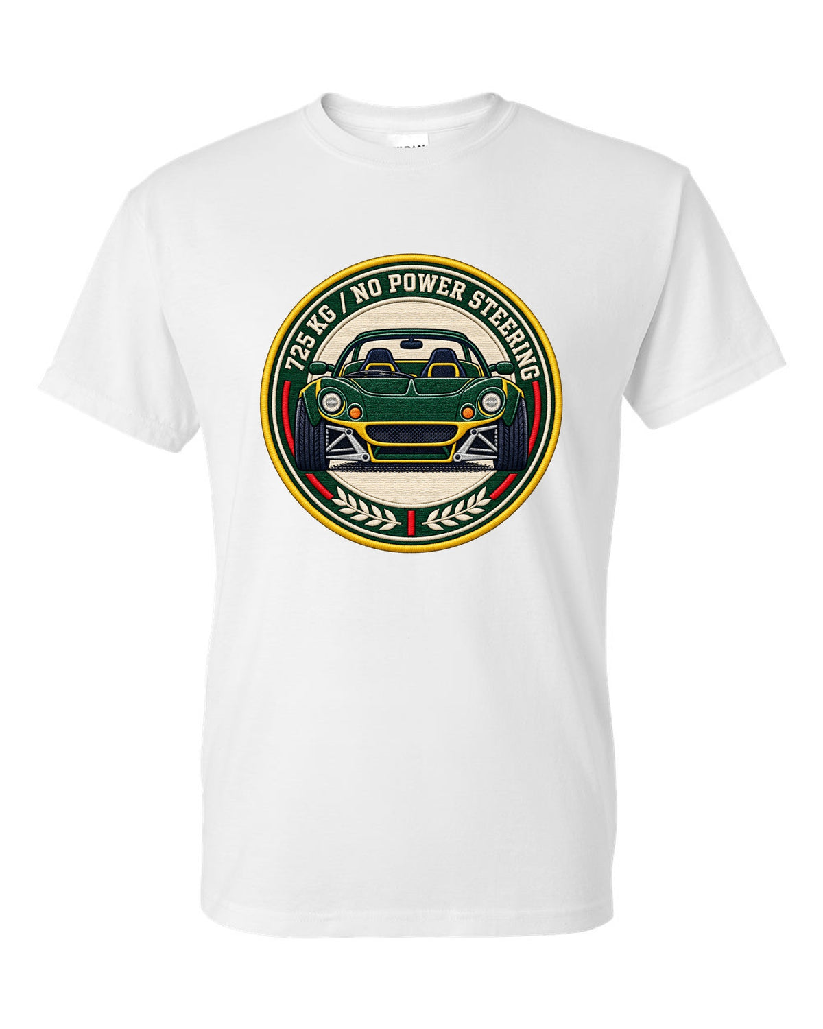 Lotus Elise S1 varsity crest design with 725 KG and no power steering lettering white t-shirt front view with the design