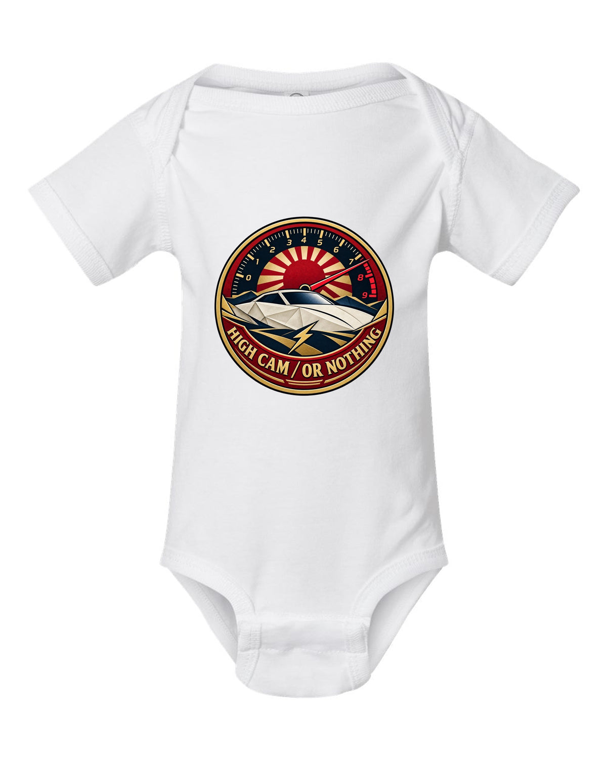 Origami-style crest of a Toyota Celica ZZT231 with the words High Cam or Nothing white baby onesie front view with the design