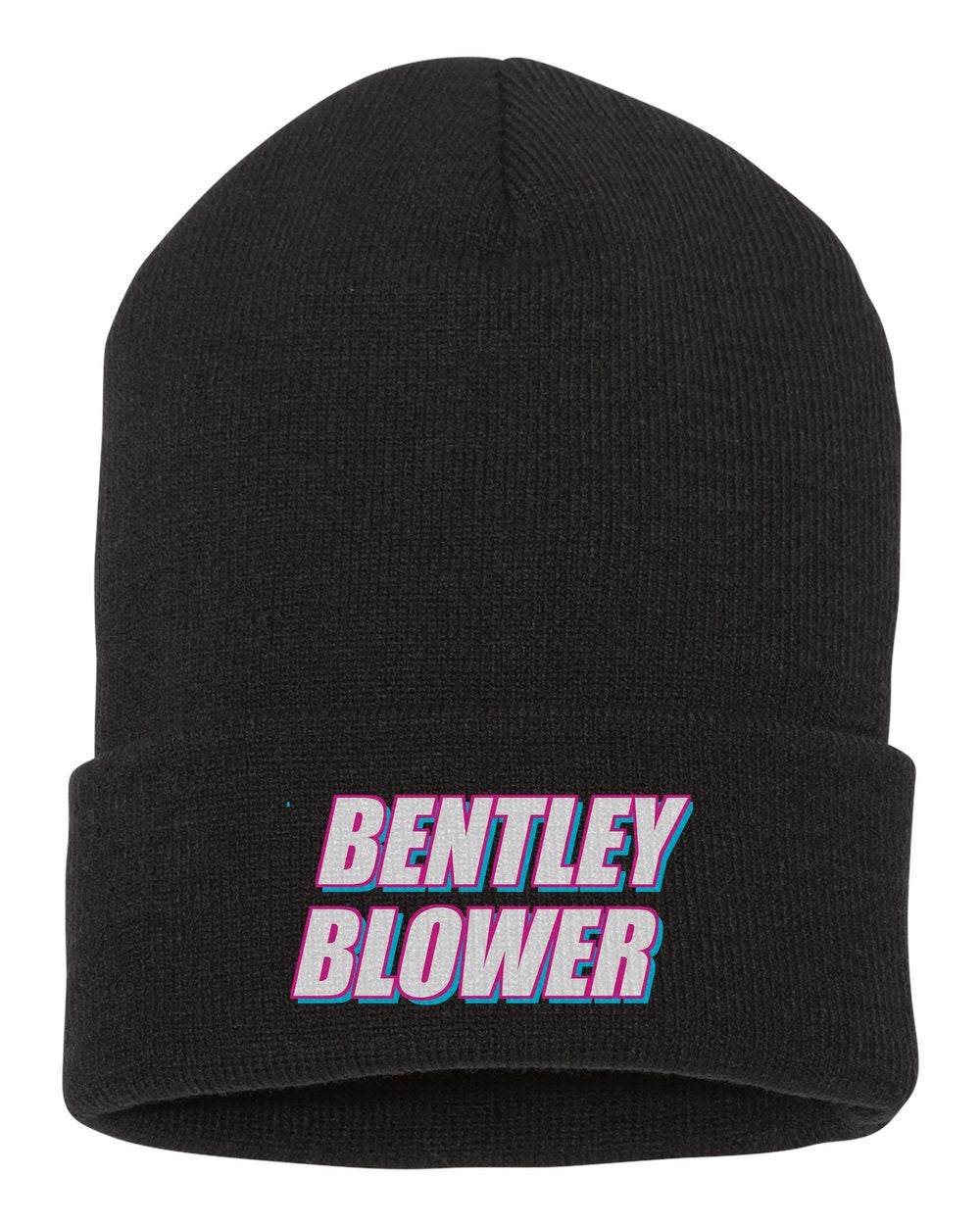 Bentley Blower black beanie front view with car name