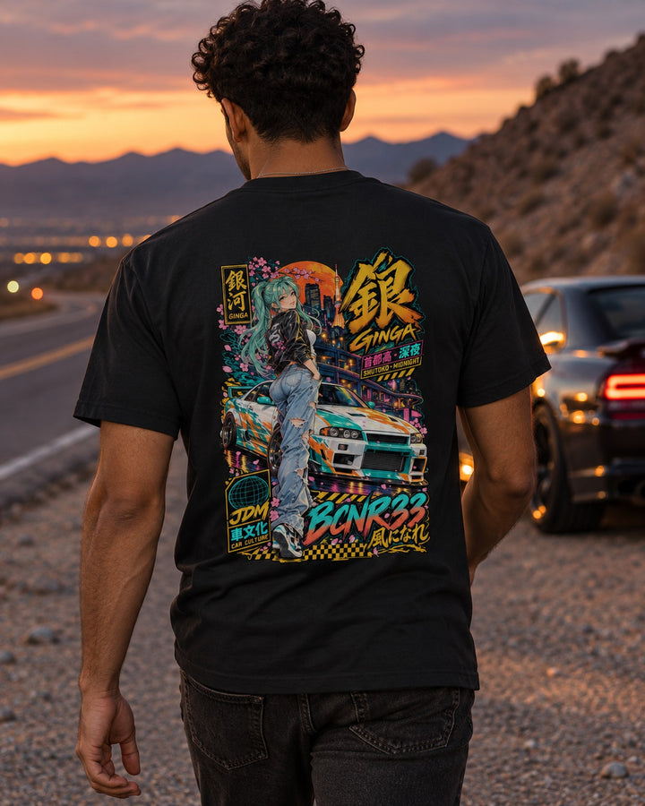 GINGA BCNR33 Anime Girl Full-Back Graphic Tee T-Shirt Black worn hero