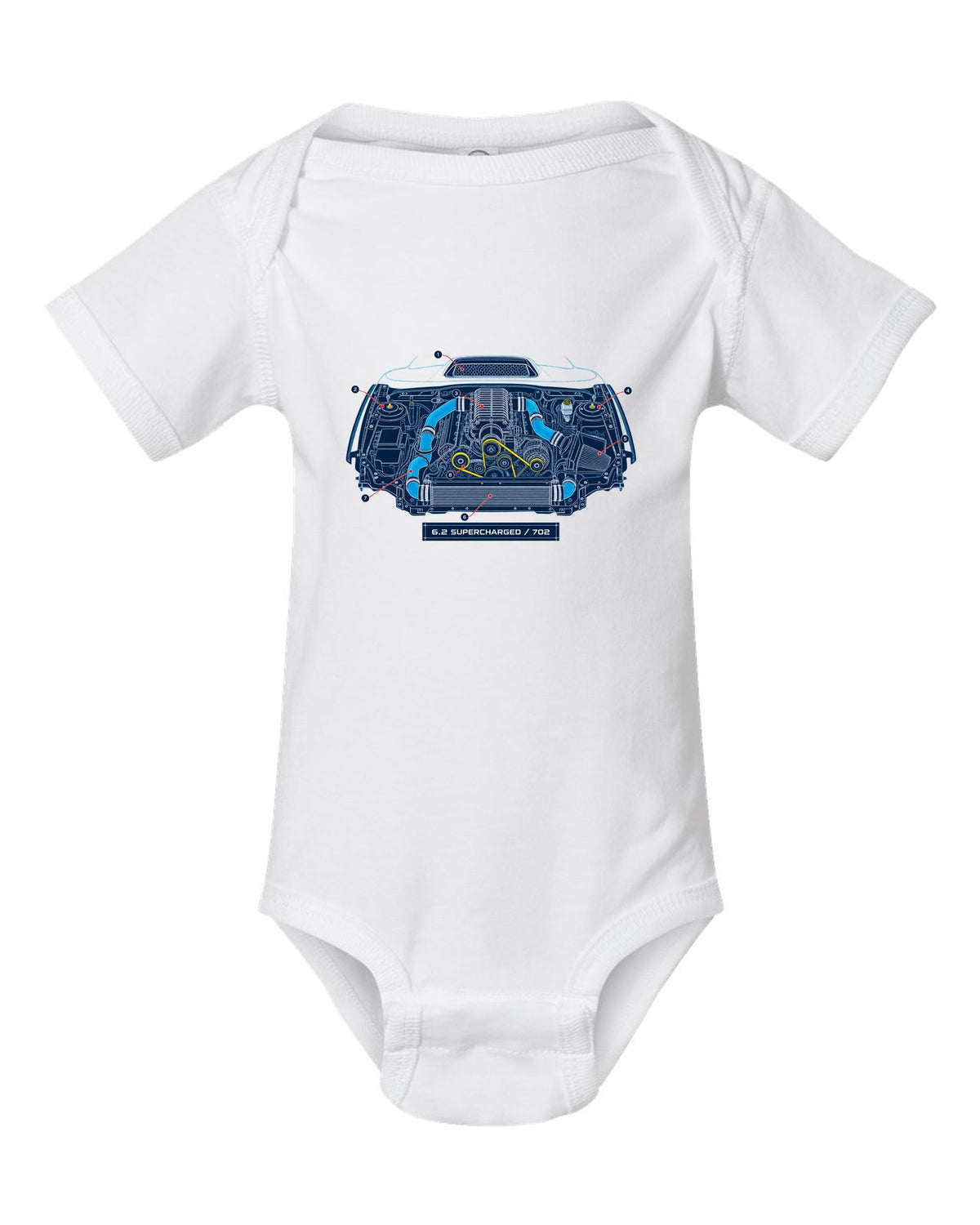 Blueprint-style print of the Ram 1500 TRX engine bay with 6.2 supercharged and 702 callouts white baby onesie front view with the design
