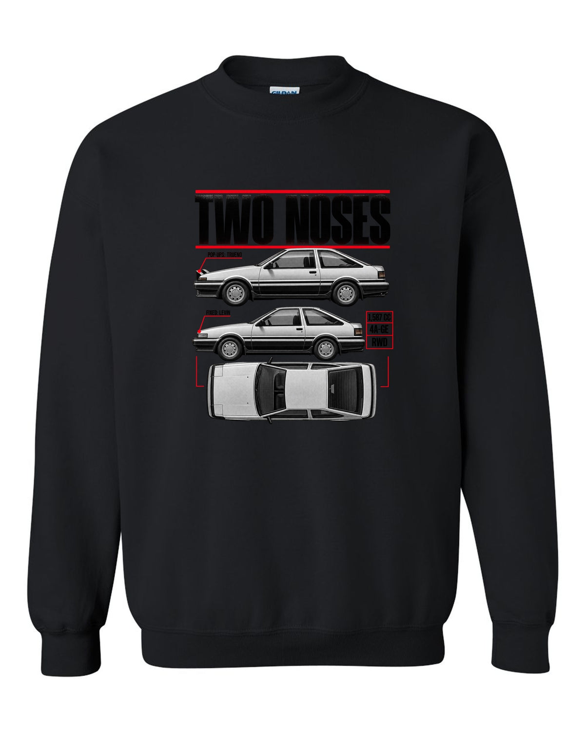 print spec poster of a Toyota AE86 Trueno and Levin in profile with pop-up and fixed headlights black crewneck front view with the design
