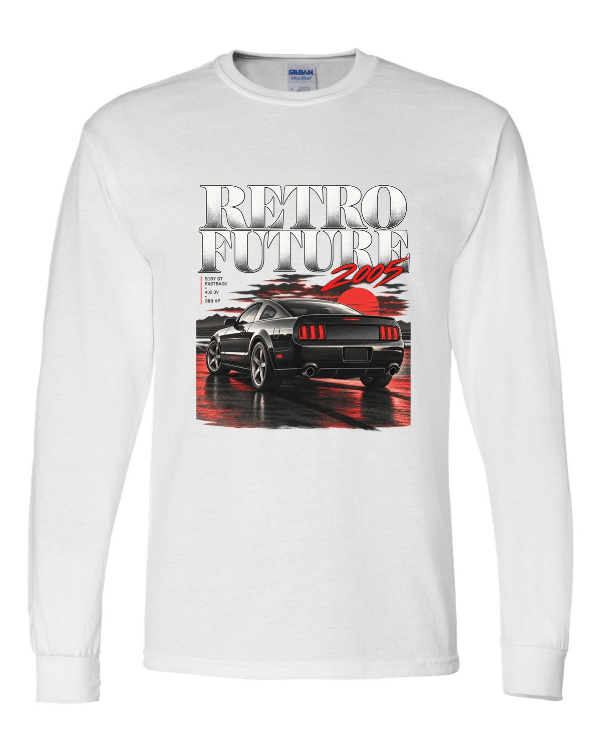 Editorial headline print of a 2005-09 Ford Mustang S197 GT fastback white long sleeve front view with the design