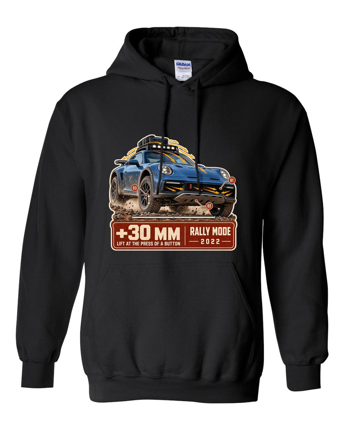 Aero callout print of a Porsche 911 Dakar 992 showing the lift feature black pull over hoodie front view with the design