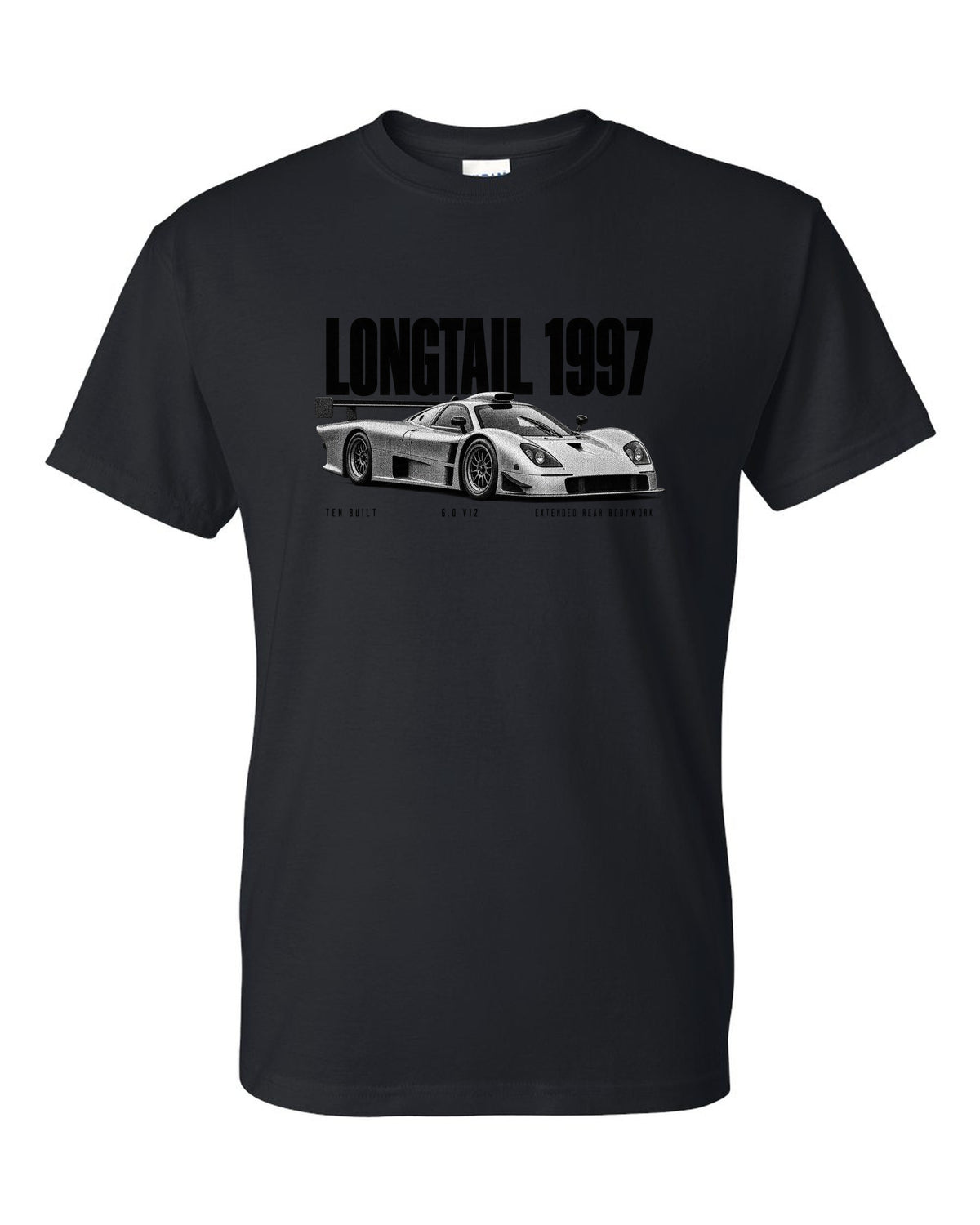 Halftone print of a 1997 McLaren F1 GTR Longtail with extended rear bodywork black t-shirt front view with the design