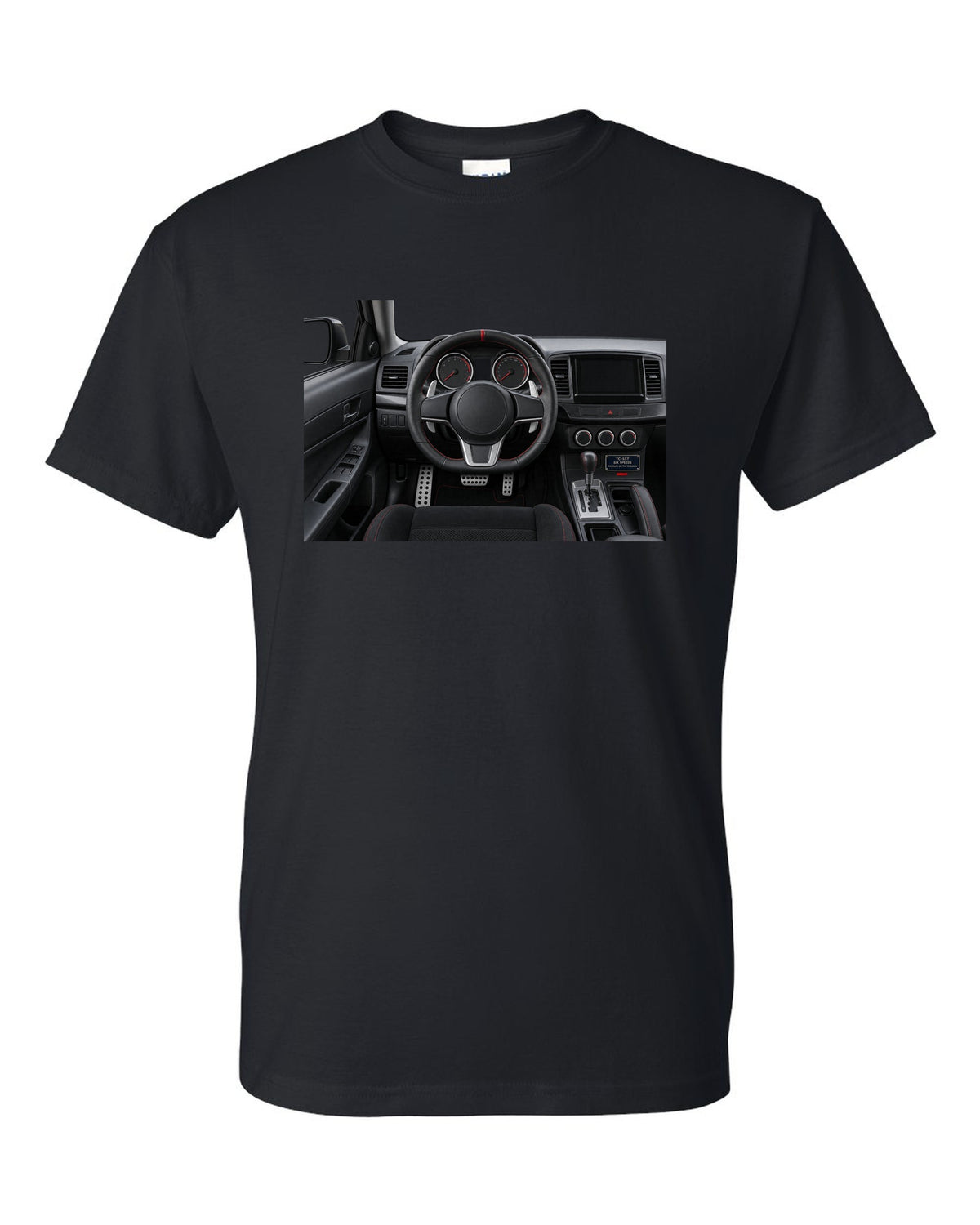 Mitsubishi Lancer Evolution X driver view cockpit and gauges print black t-shirt front view with the design