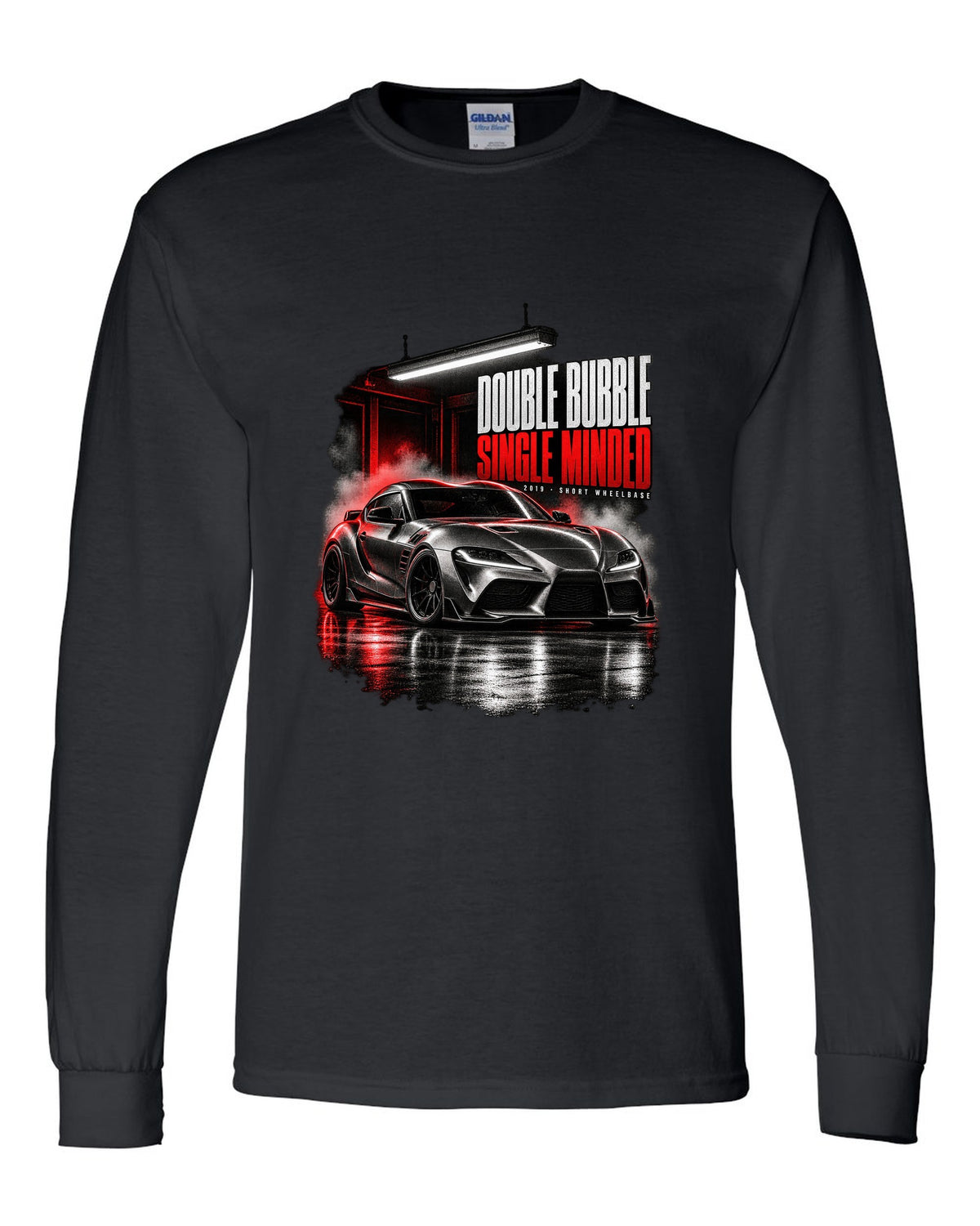 Garage night print of a Toyota GR Supra A90 with the text Double Bubble Single Minded black long sleeve front view with the design