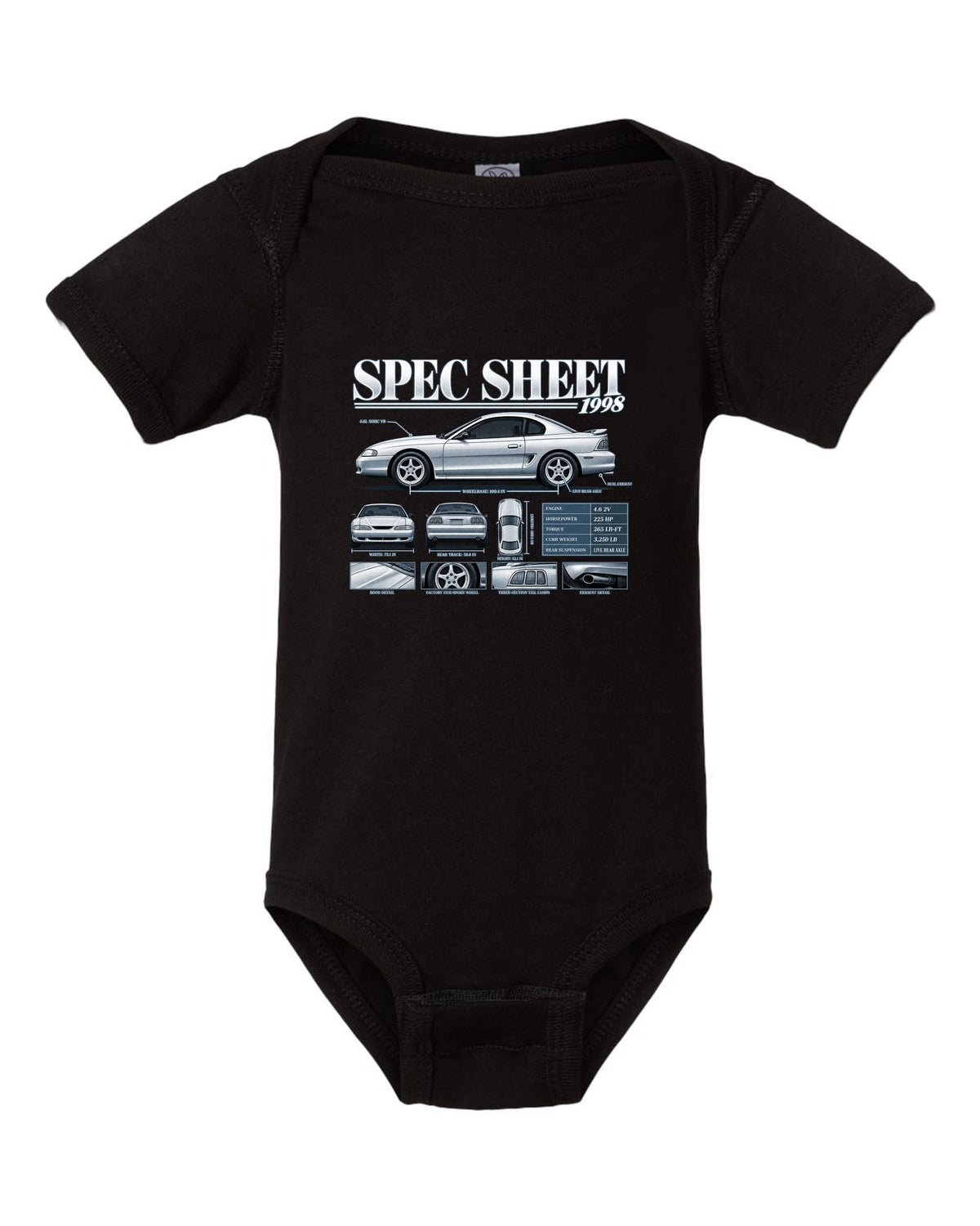 Spec sheet poster print of a 1998 SN95 Ford Mustang GT coupe black baby onesie front view with the design