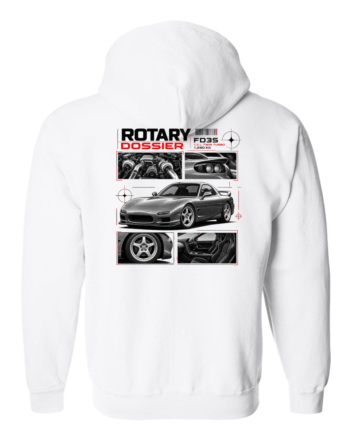 Dossier print of a Mazda RX-7 FD3S front three-quarter with detail panels white zip hoodie back view with the design
