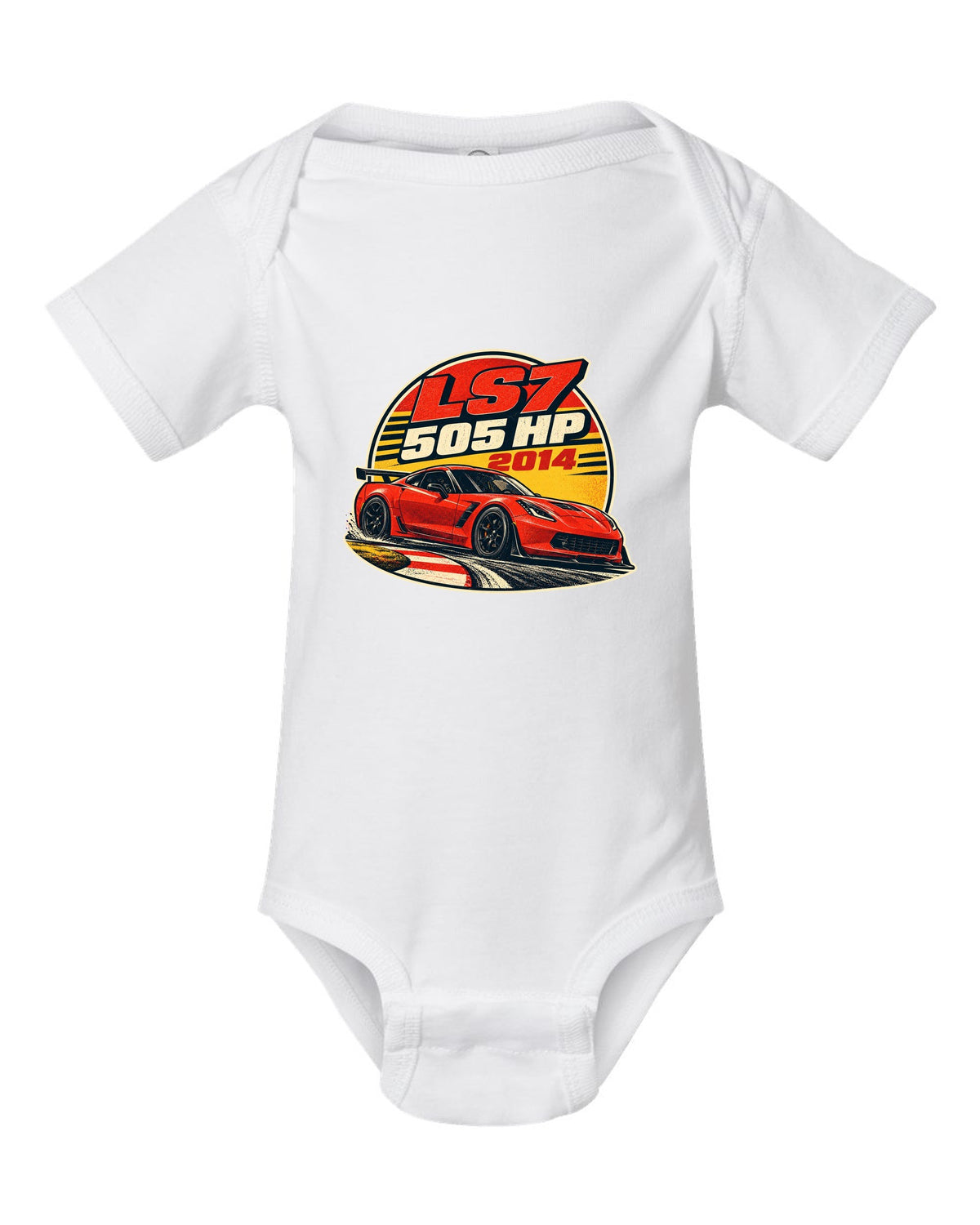 2014 Chevrolet Camaro Z/28 LS7 vintage race poster print with 505 HP text white baby onesie front view with the design