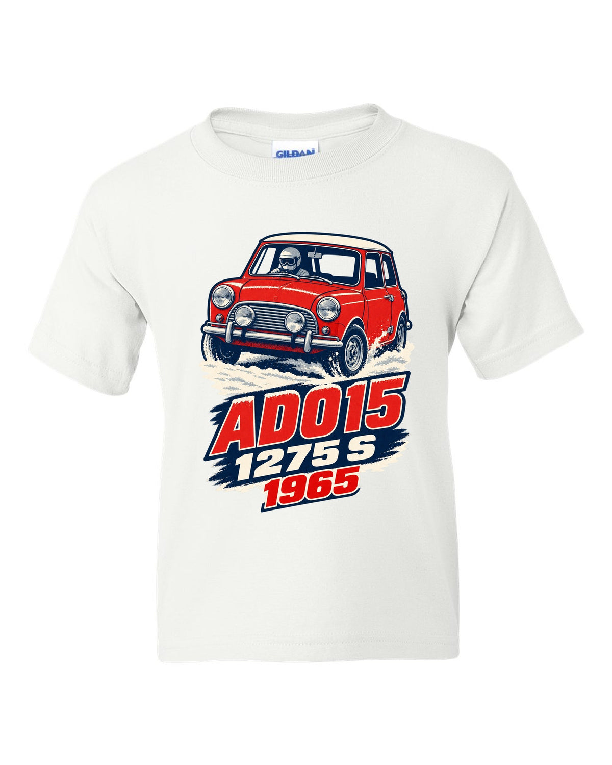 1965 Mini Cooper S ADO15 rally car in a 1960s litho poster style white kids tee front view with the design