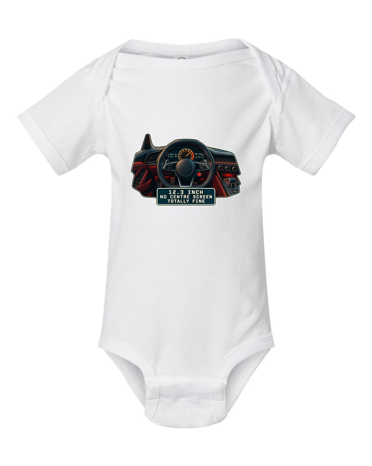 Audi R8 V10 Type 4S virtual cockpit digital gauge print design white baby onesie front view with the design