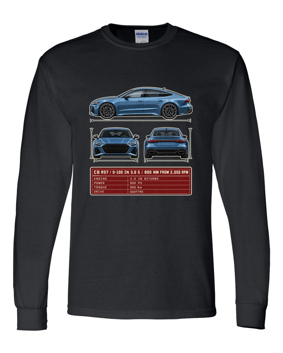 Three-view spec sheet for the Audi RS7 Sportback C8 black long sleeve front view with the design