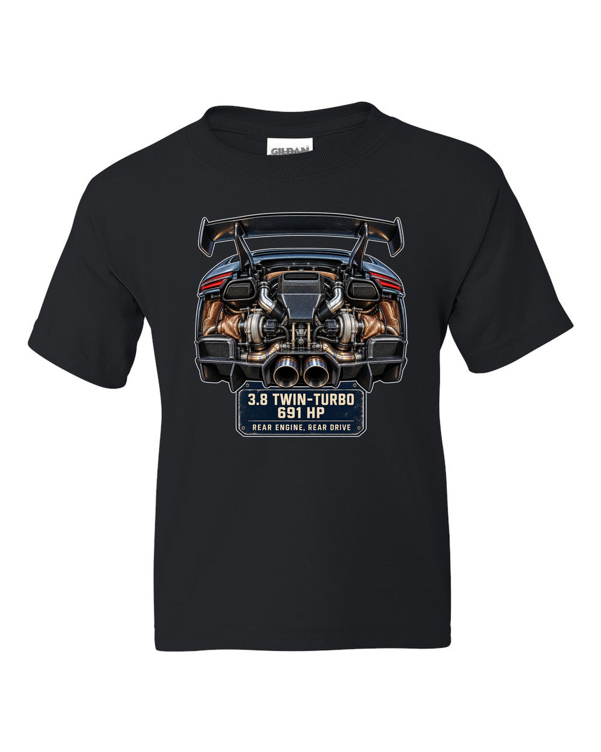 Engine hero print of a Porsche 911 GT2 RS 991.2 twin-turbo flat-six black kids tee front view with the design