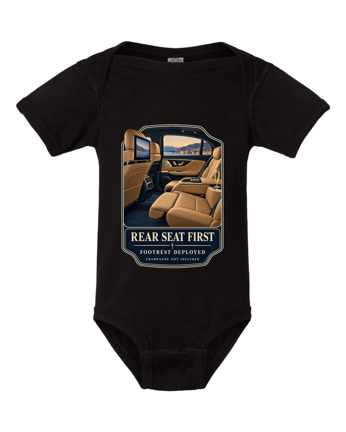 print of the Mercedes-Maybach S680 rear executive cabin with footrest deployed black baby onesie front view with the design