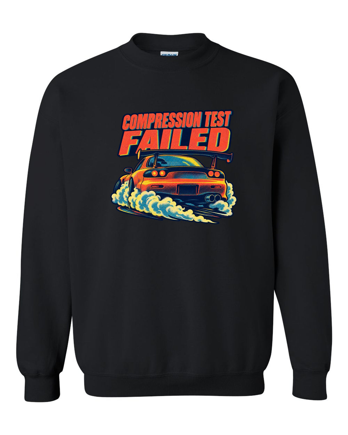 Risograph spot-colour rear view of a Mazda RX-7 FD3S with glowing taillights black crewneck front view with the design