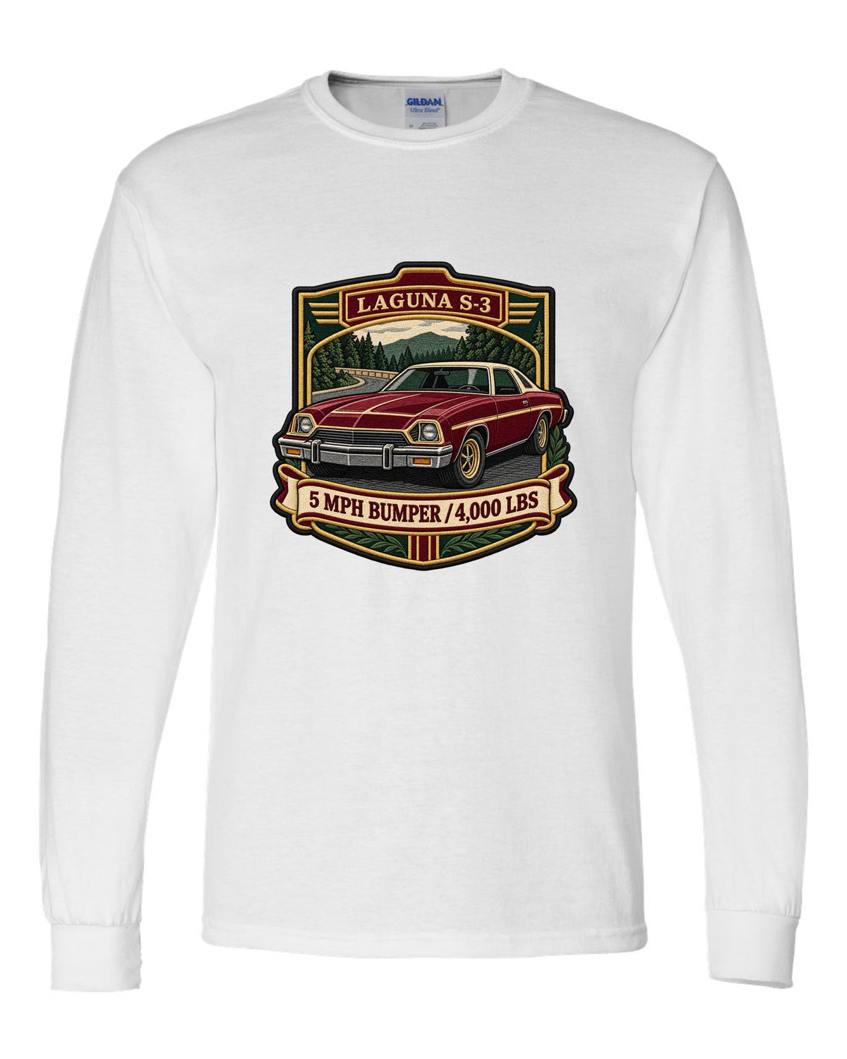 Embroidery patch style crest illustration of a 1973 Chevrolet Chevelle Laguna S-3 white long sleeve front view with the design