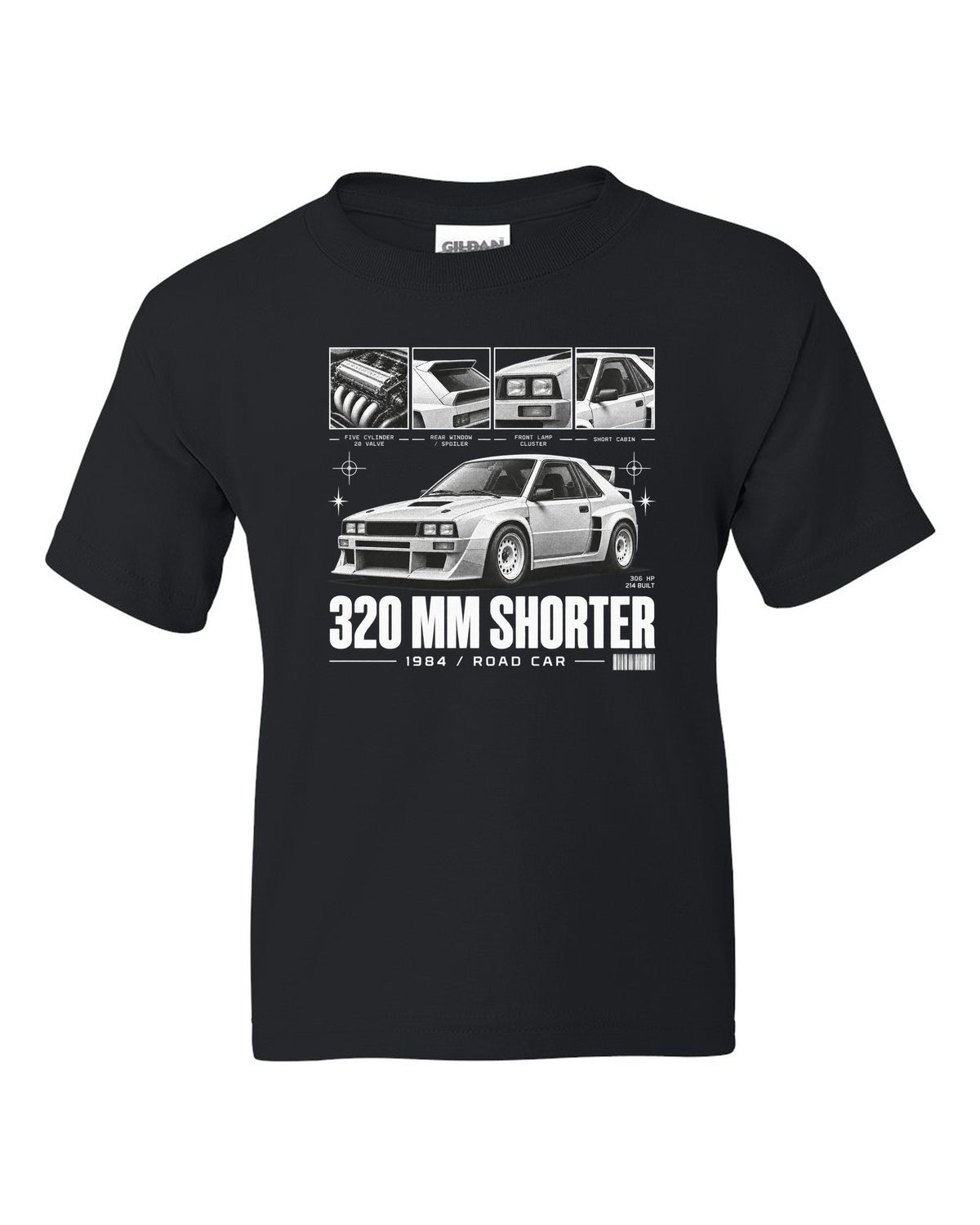 Audi Sport Quattro SWB 1984 Dossier black kids tee front view with the design
