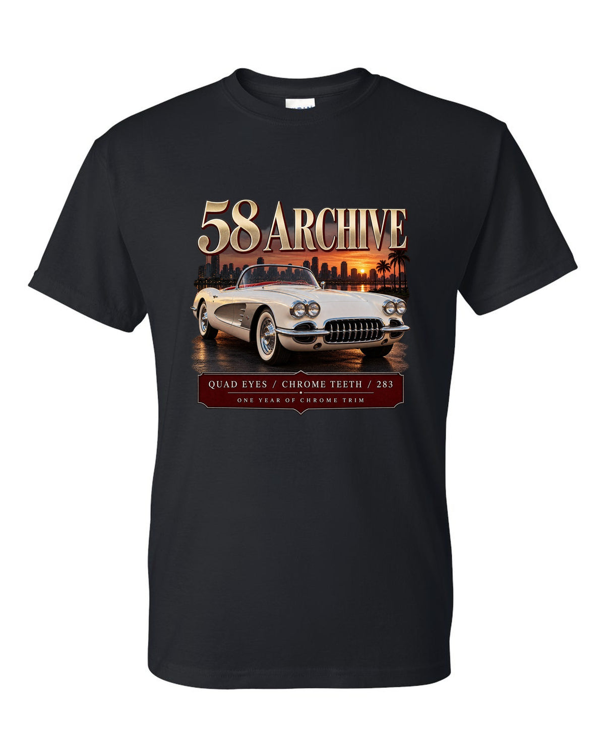 Chevrolet Corvette C1 1958 convertible archive panel print with quad headlights black t-shirt front view with the design