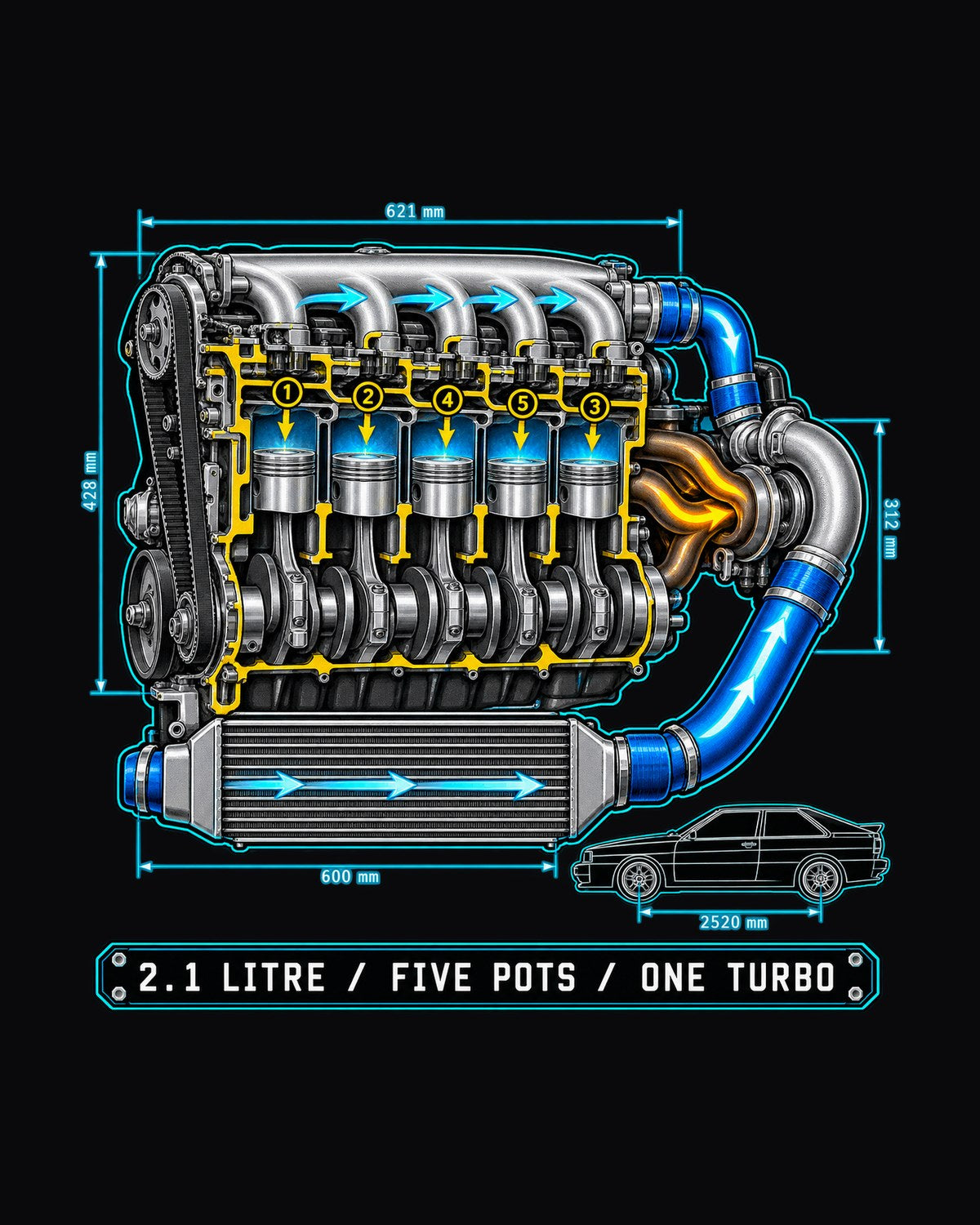 Audi Ur-Quattro Type 85 Five-Pot Technical Blueprint Shirt design only