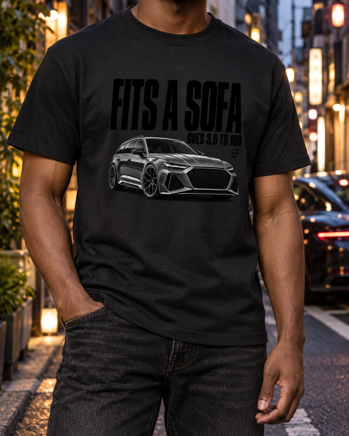 Audi RS6 Avant C8 Sofa Delivery Halftone Shirt, Wagon Humour T-Shirt Black worn hero