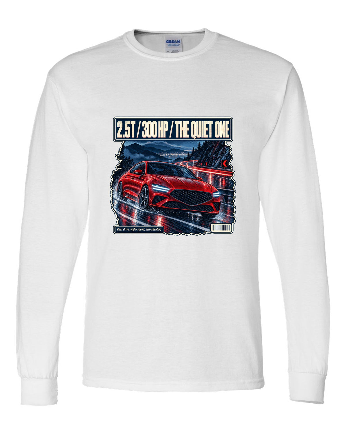 Night touge print of the Genesis G70 with 2.5T 300 HP lettering white long sleeve front view with the design