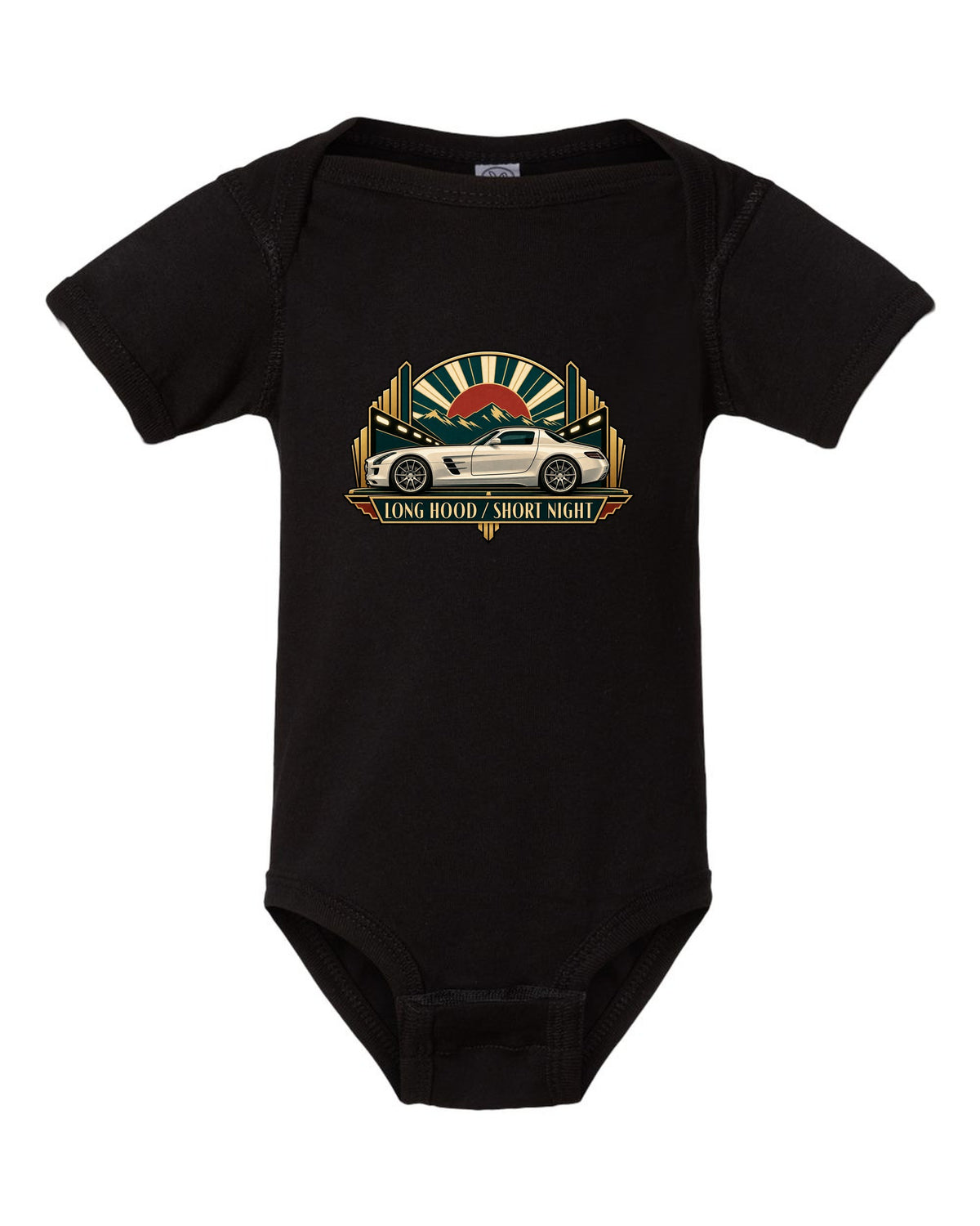 80s airbrush chrome illustration of Mercedes SLS AMG C197 tail lights with 6.2 Litres Zero Turbos text black baby onesie front view with the design