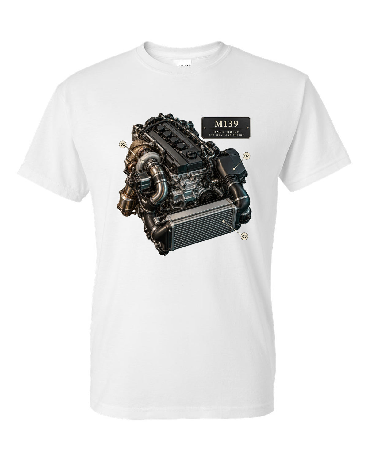 Mercedes-AMG C63 S E Performance W206 M139 engine illustration white t-shirt front view with the design