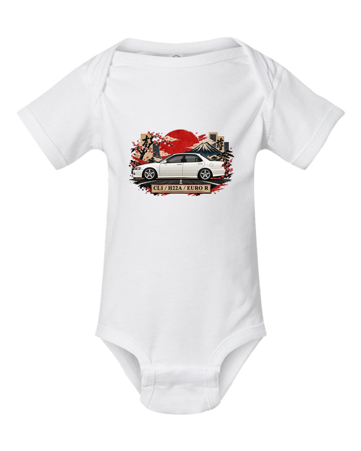 Japanese kanji plate collage print for the Honda Accord Euro R CL1 with H22A text white baby onesie front view with the design