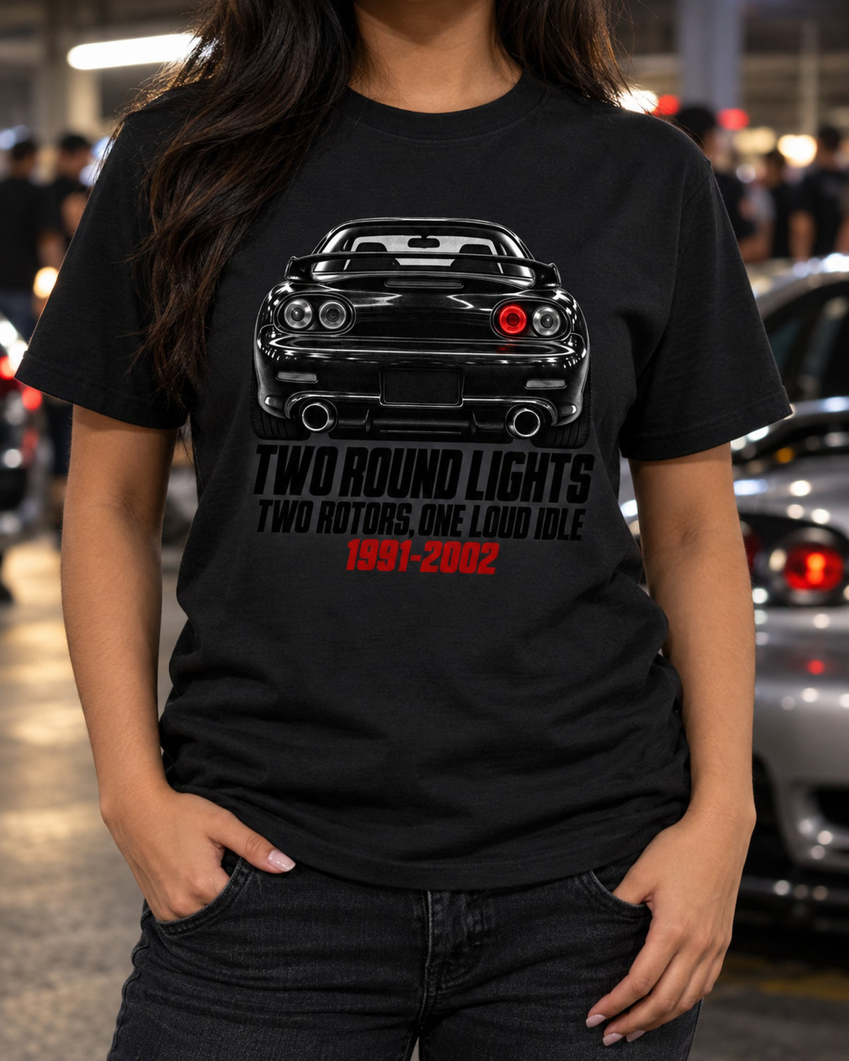 Mazda RX-7 FD3S Two Round Lights Taillight Tee, Rotary Idle T-Shirt Black worn hero