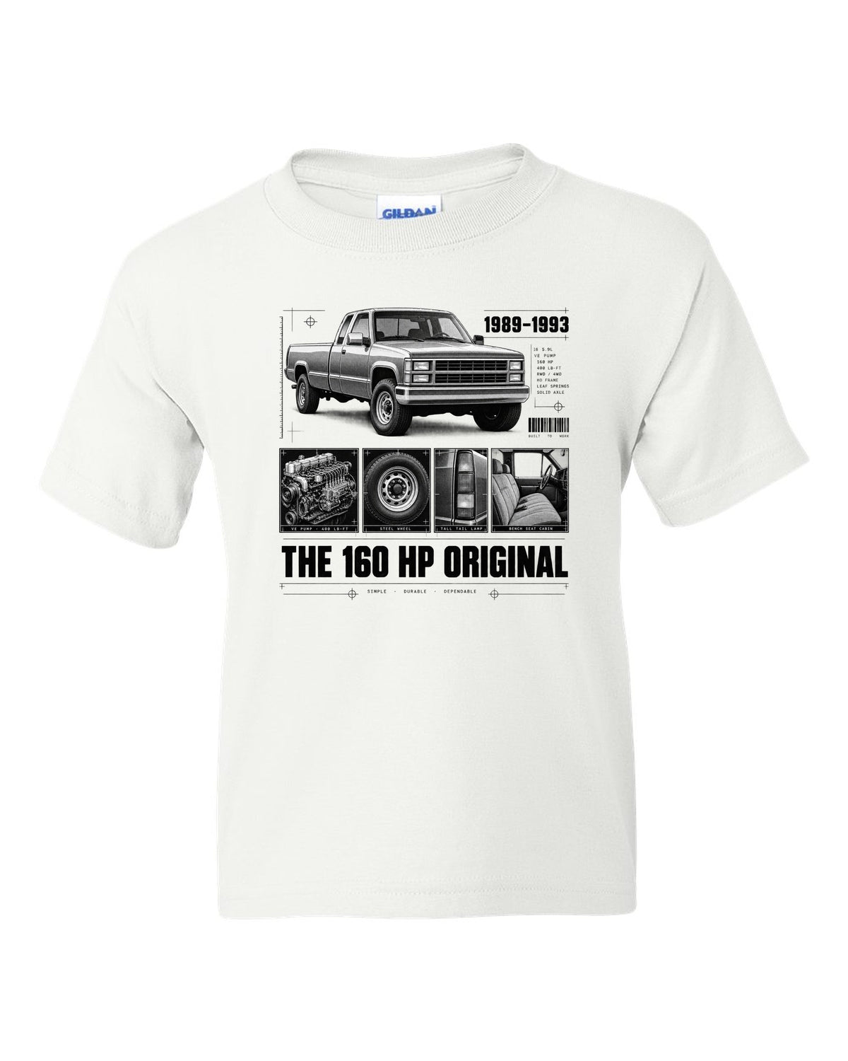Dossier print of a 1989-93 Dodge D250 1st gen Cummins with VE pump and torque figures white kids tee front view with the design