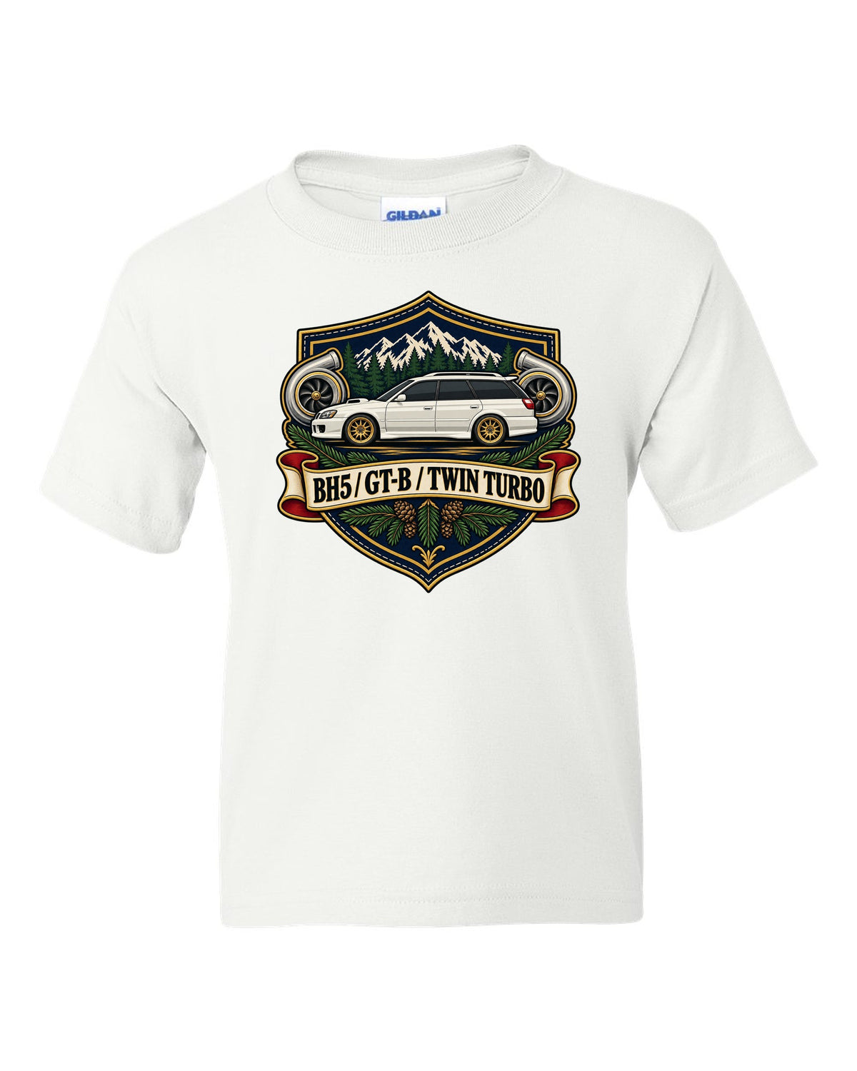 Subaru Legacy BH5 GT-B wagon shield crest print, BH5 / GT-B / TWIN TURBO white kids tee front view with the design