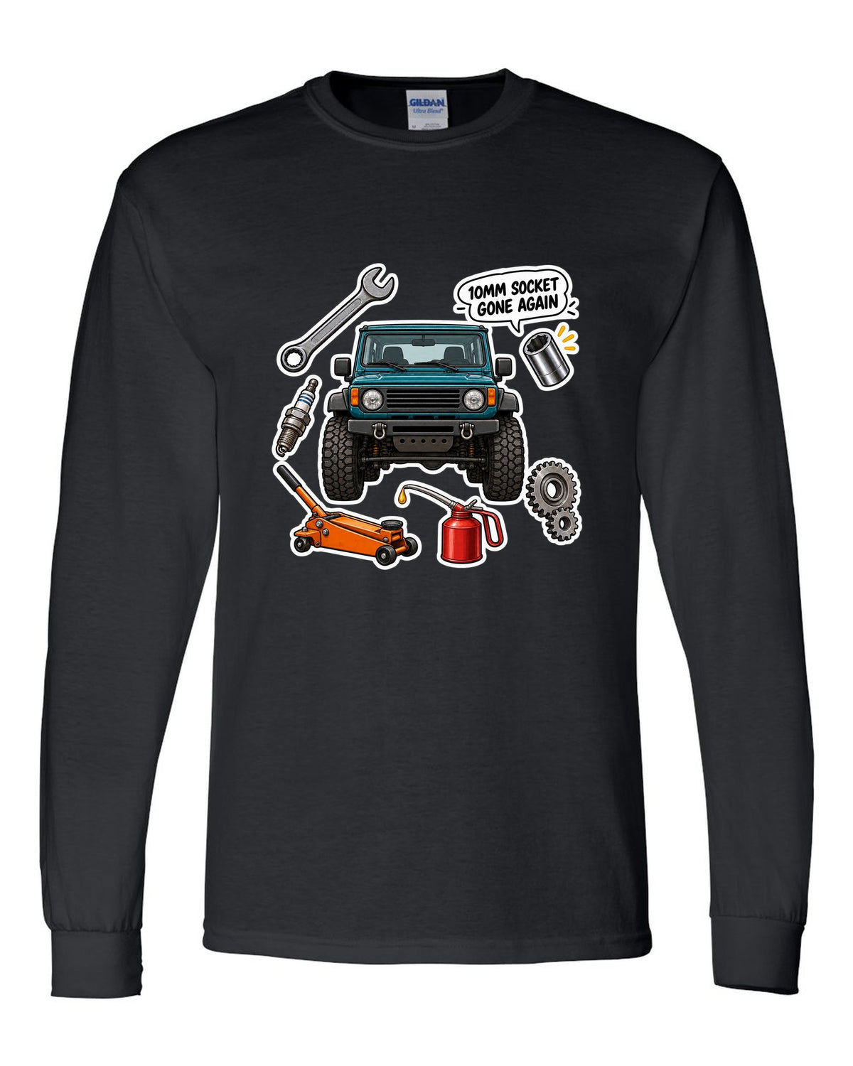 Jeep Wrangler TJ sticker bomb collage design with 10mm socket gone again text black long sleeve front view with the design