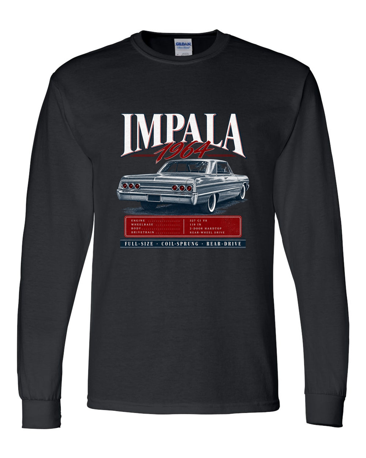1964 Impala SS B-body rear three-quarter archive panel print black long sleeve front view with the design
